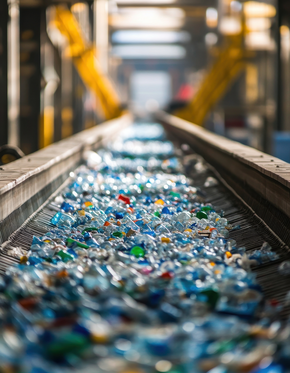 Scaglie e granuli di plastica colorati su nastro trasportatore