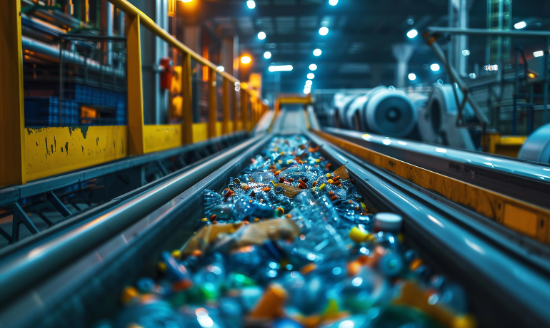 Bottiglie e altri oggetti in plastica su nastro trasportatore